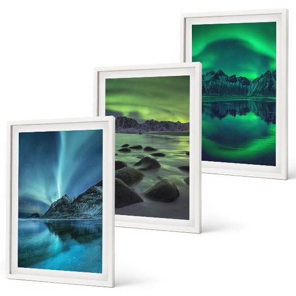 Lot de 3 tableaux pour salon Paysage hivernal d'aurores boréales