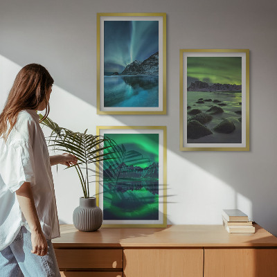 Lot de 3 tableaux pour salon Paysage hivernal d'aurores boréales