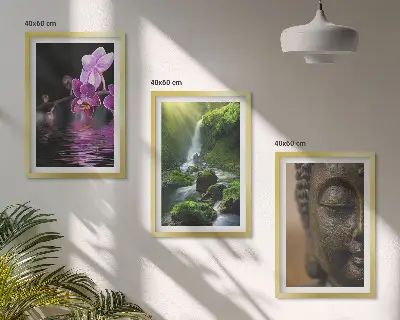 Cadre photo mural cascade de fleurs avec rocher de Bouddha zen