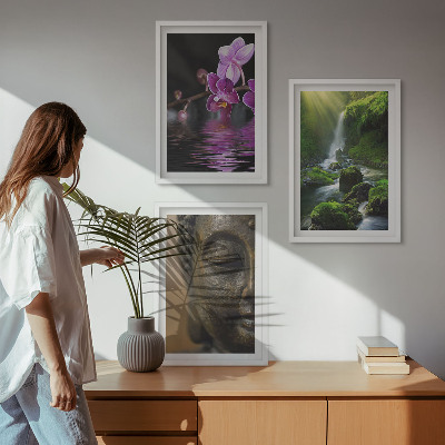 Cadre photo mural Cascade de fleurs, rocher de Bouddha, zen
