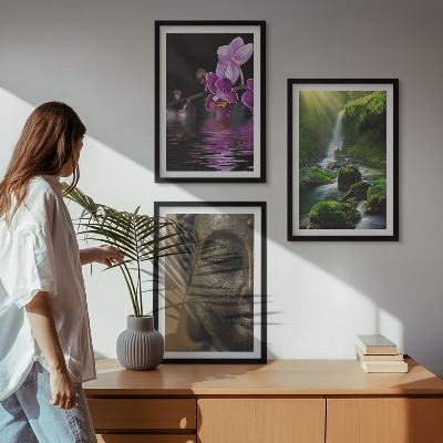 Cadre photo mural Cascade de fleurs, rocher de Bouddha, zen