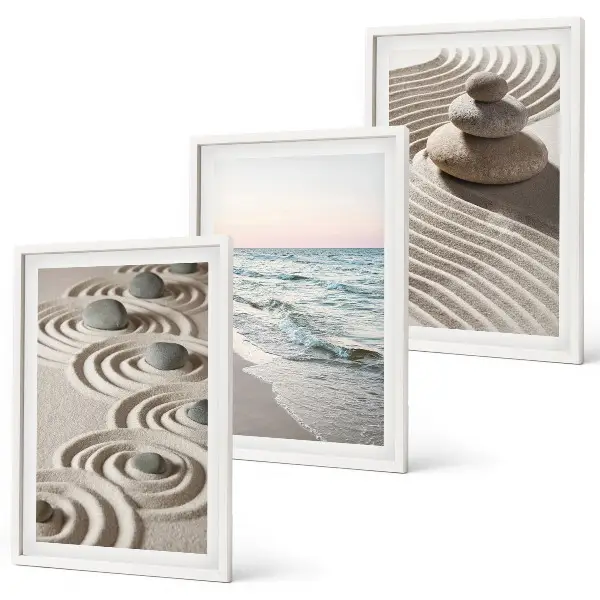 Lot de 3 tableaux pour salon motif vagues, sable, eau et pierres de plage