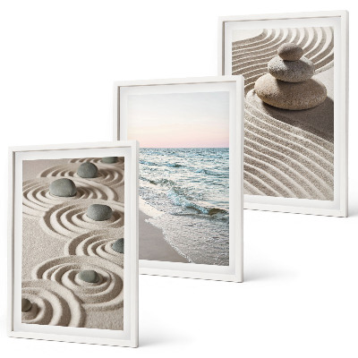 Lot de 3 tableaux pour salon Vagues sable eau pierres plage