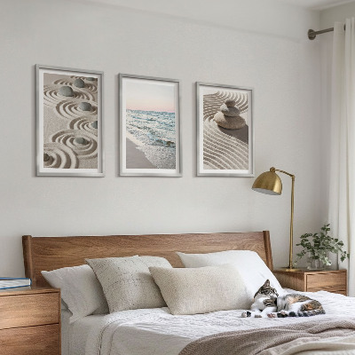 Lot de 3 tableaux pour salon Vagues sable eau pierres plage