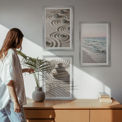 Lot de 3 tableaux pour salon Vagues sable eau pierres plage