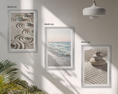 Lot de 3 tableaux pour salon Vagues sable eau pierres plage
