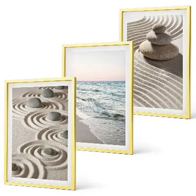 Lot de 3 tableaux pour salon motif vagues, sable, eau et pierres de plage