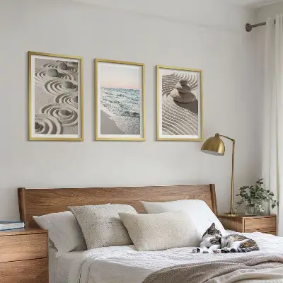 Lot de 3 tableaux pour salon motif vagues, sable, eau et pierres de plage