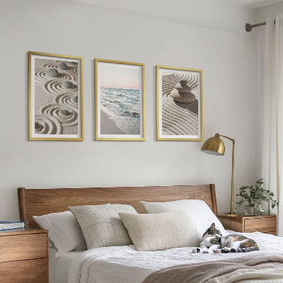 Lot de 3 tableaux pour salon Vagues sable eau pierres plage