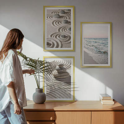 Lot de 3 tableaux pour salon Vagues sable eau pierres plage