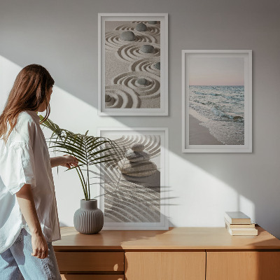 Lot de 3 tableaux pour salon Vagues sable eau pierres plage