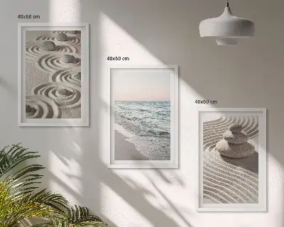 Lot de 3 tableaux pour salon motif vagues, sable, eau et pierres de plage