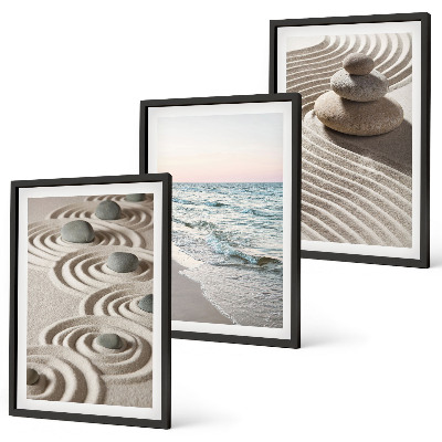 Lot de 3 tableaux pour salon Vagues sable eau pierres plage