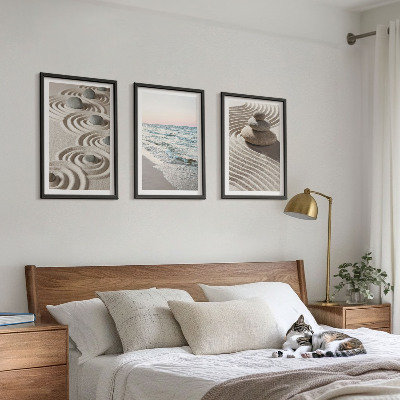 Lot de 3 tableaux pour salon Vagues sable eau pierres plage