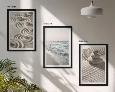 Lot de 3 tableaux pour salon motif vagues, sable, eau et pierres de plage