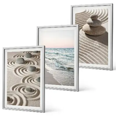 Lot de 3 tableaux pour salon motif vagues, sable, eau et pierres de plage