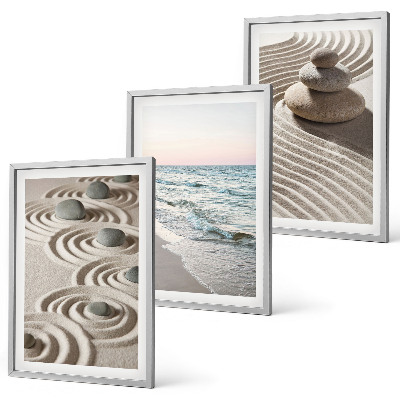 Lot de 3 tableaux pour salon Vagues sable eau pierres plage