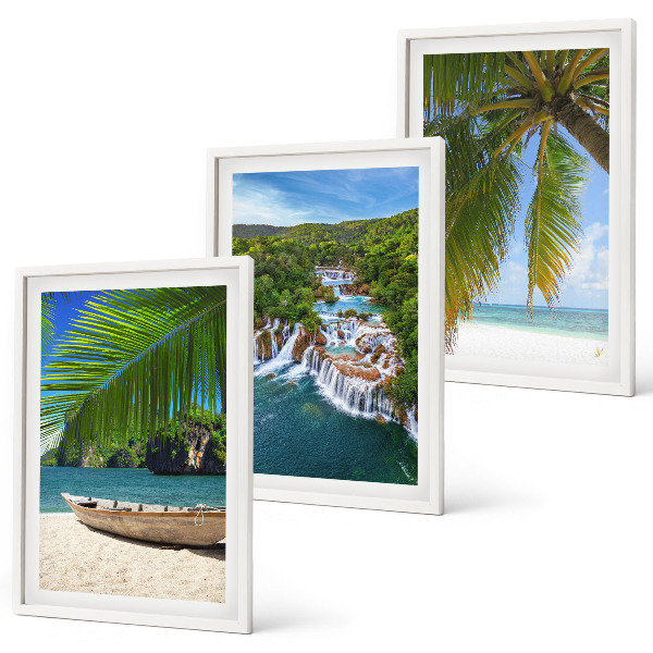Cadre photo mural Plage, bateau, cascades, palmiers