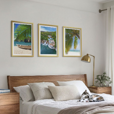 Cadre photo mural Plage, bateau, cascades, palmiers