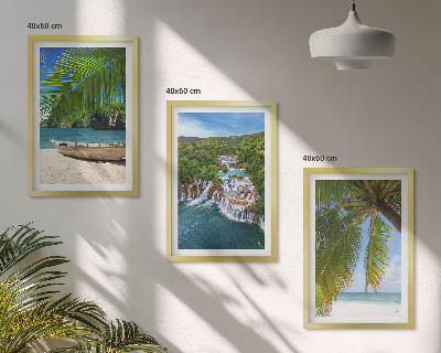 Cadre photo mural Plage, bateau, cascades, palmiers
