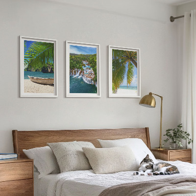 Cadre photo mural Plage, bateau, cascades, palmiers