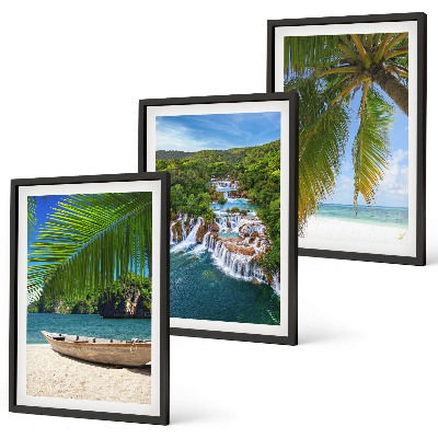 Cadre photo mural Plage, bateau, cascades, palmiers