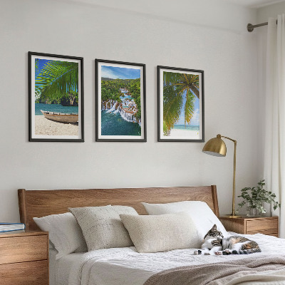 Cadre photo mural Plage, bateau, cascades, palmiers