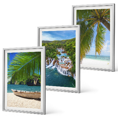 Cadre photo mural Plage, bateau, cascades, palmiers