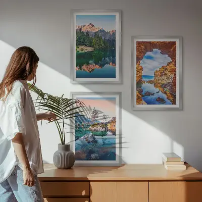 Lot de 3 tableaux pour salon représentant les reflets des rochers des lacs de montagne