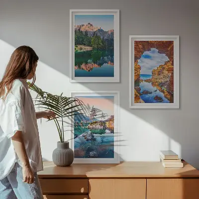 Lot de 3 tableaux pour salon représentant les reflets des rochers des lacs de montagne