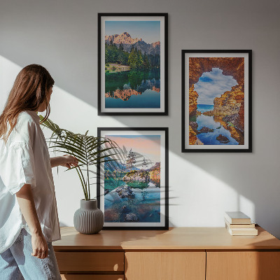 Lot de 3 tableaux pour salon Reflets des rochers des lacs de montagne