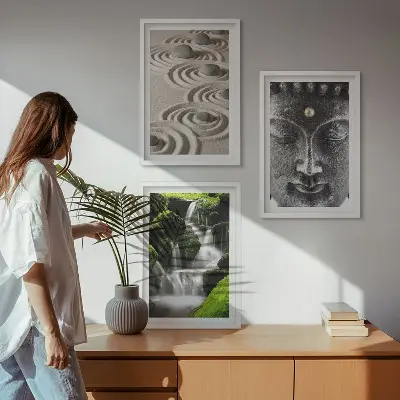Lot de 3 tableaux pour salon motif zen de cascade et pierres de Bouddha