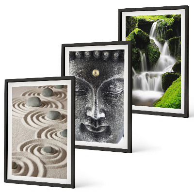 Lot de 3 tableaux pour salon La paix des pierres de la cascade zen de Buda