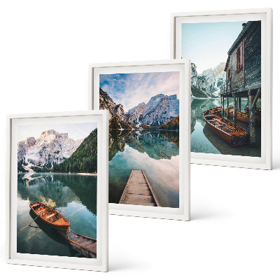 Cadre photo mural Lac, montagnes, bateaux, chalet