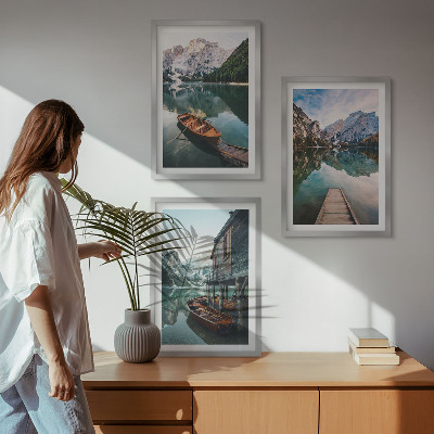 Cadre photo mural Lac, montagnes, bateaux, chalet