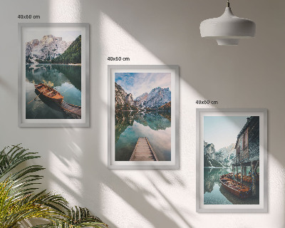 Cadre photo mural Lac, montagnes, bateaux, chalet