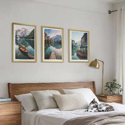 Cadre photo mural Lac, montagnes, bateaux, chalet
