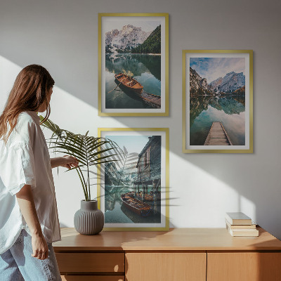 Cadre photo mural Lac, montagnes, bateaux, chalet