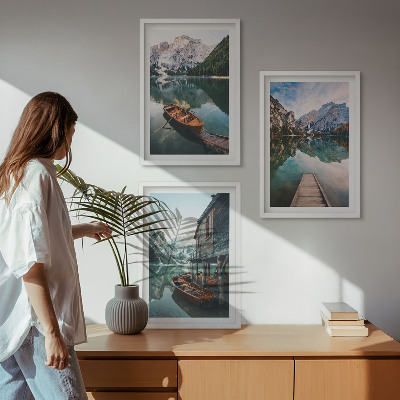 Cadre photo mural Lac, montagnes, bateaux, chalet