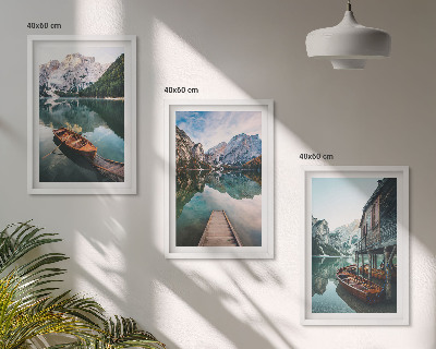 Cadre photo mural Lac, montagnes, bateaux, chalet