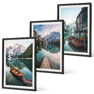 Cadre photo mural Lac, montagnes, bateaux, chalet