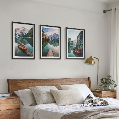 Cadre photo mural Lac, montagnes, bateaux, chalet