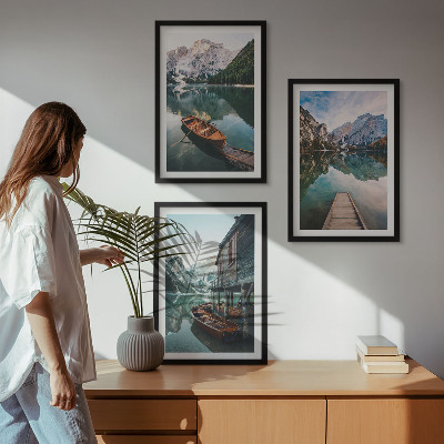 Cadre photo mural Lac, montagnes, bateaux, chalet
