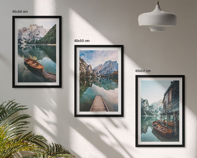 Cadre photo mural Lac, montagnes, bateaux, chalet
