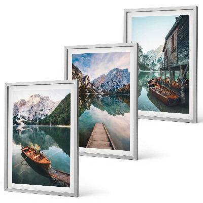 Cadre photo mural Lac, montagnes, bateaux, chalet
