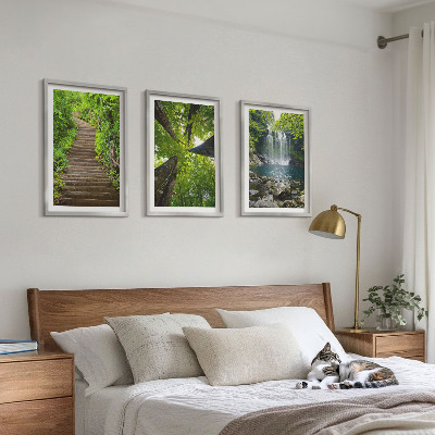 Lot de 3 tableaux pour salon Sentier forestier cascade végétation