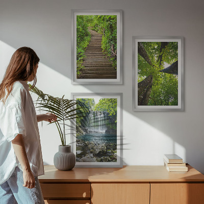 Lot de 3 tableaux pour salon Sentier forestier cascade végétation