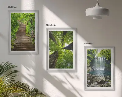 Lot de 3 tableaux pour salon motif sentier forestier avec cascade et végétation