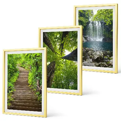 Lot de 3 tableaux pour salon motif sentier forestier avec cascade et végétation
