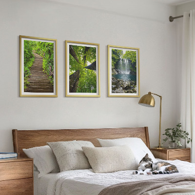 Lot de 3 tableaux pour salon Sentier forestier cascade végétation